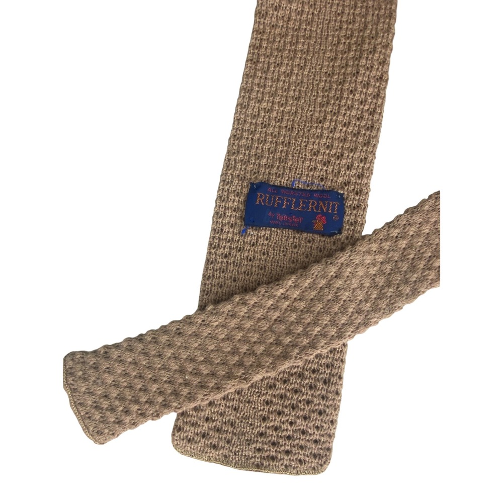 VTG Rufflernit by Rooster Knit Tie Mens Brown Tan Worsted Wool Square End 53x3.5